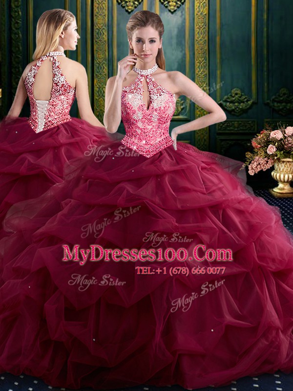 Wine Red Halter Top Neckline Beading and Ruffles and Pick Ups 15 Quinceanera Dress Sleeveless Lace Up