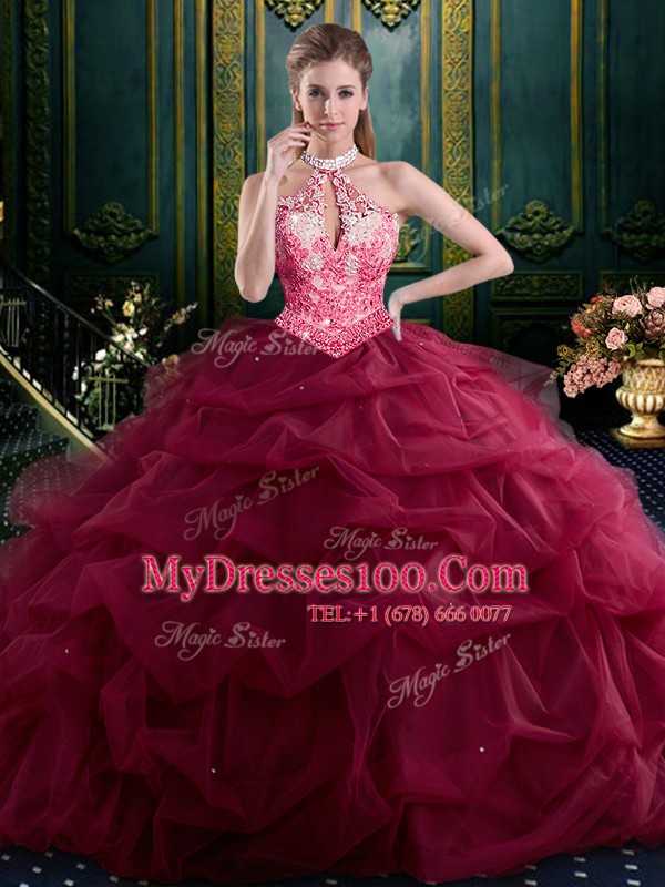 Wine Red Halter Top Neckline Beading and Ruffles and Pick Ups 15 Quinceanera Dress Sleeveless Lace Up