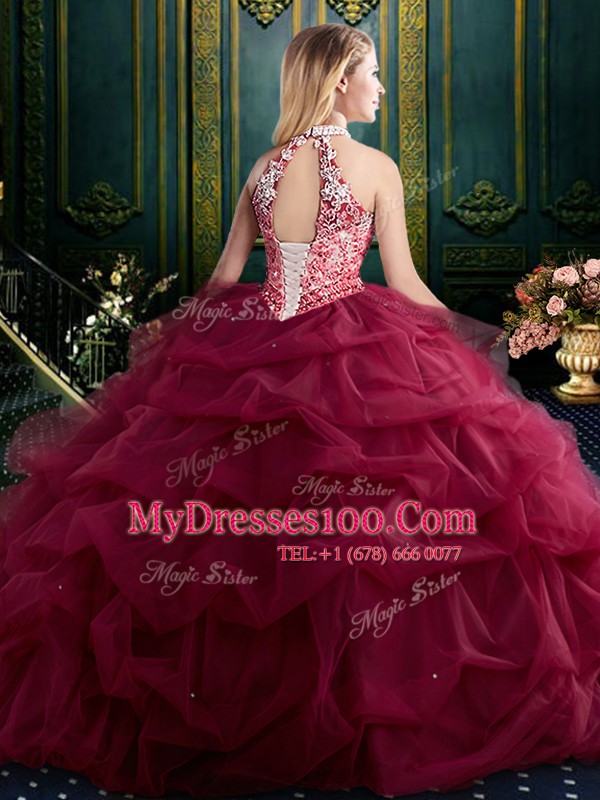Wine Red Halter Top Neckline Beading and Ruffles and Pick Ups 15 Quinceanera Dress Sleeveless Lace Up