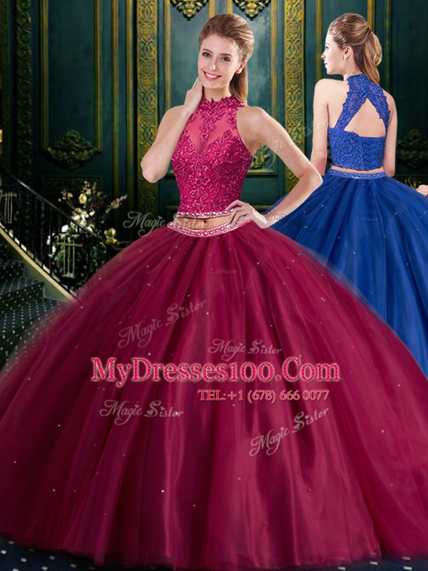 Deluxe Halter Top Appliques Sweet 16 Dresses Burgundy Lace Up Sleeveless Floor Length