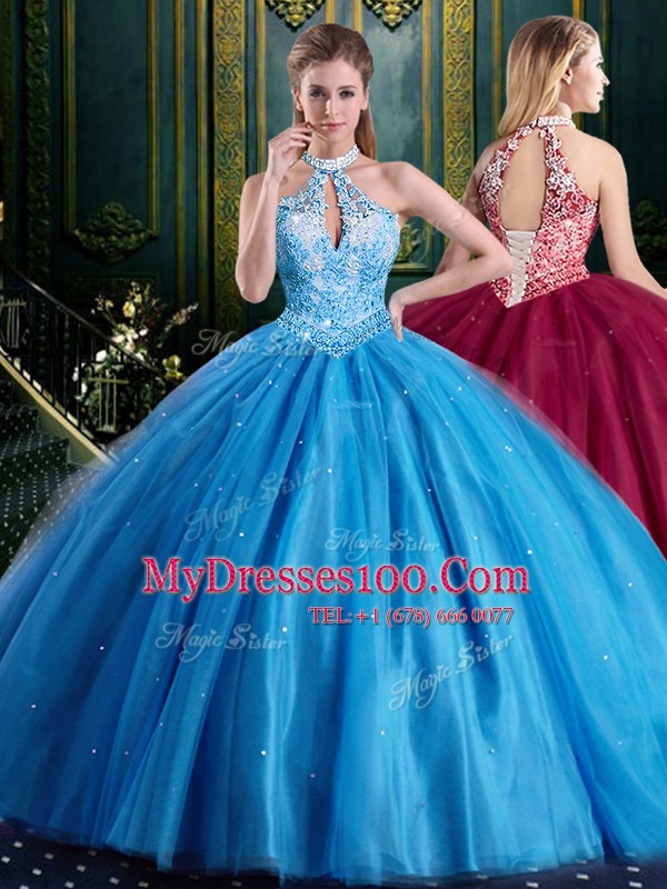 Halter Top Baby Blue Ball Gowns Beading and Lace and Appliques Quinceanera Dress Lace Up Tulle Sleeveless Floor Length