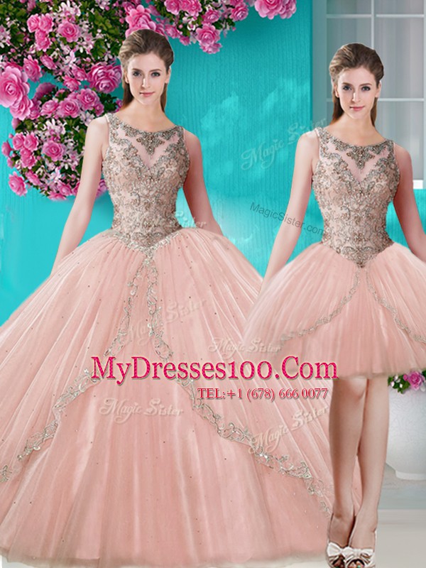 Three Piece Tulle Scoop Sleeveless Lace Up Beading and Appliques Quinceanera Gowns in Peach