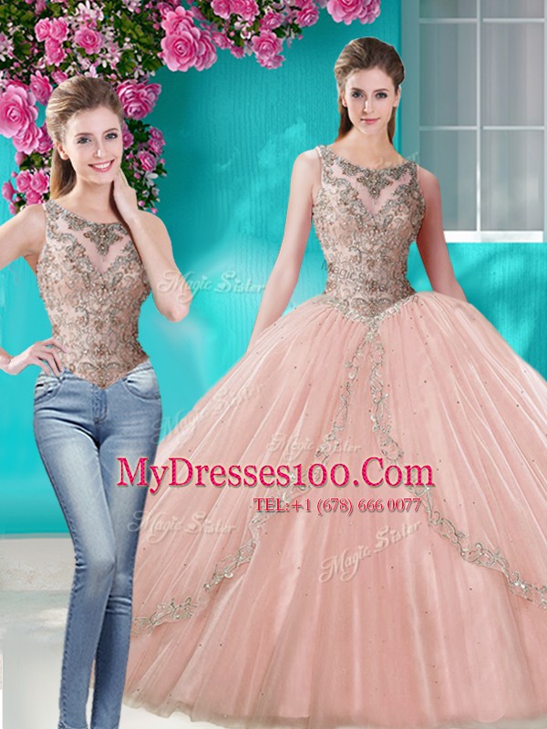 Three Piece Tulle Scoop Sleeveless Lace Up Beading and Appliques Quinceanera Gowns in Peach