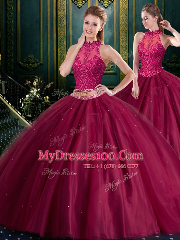 Floor Length Burgundy 15th Birthday Dress High-neck Sleeveless Lace Up