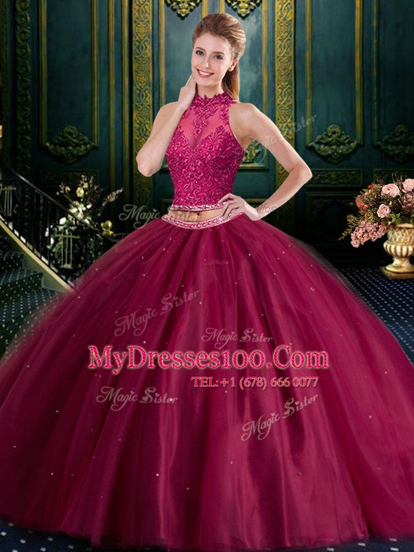 Floor Length Burgundy 15th Birthday Dress High-neck Sleeveless Lace Up