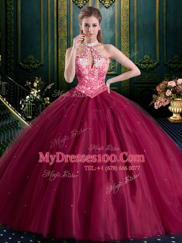 Colorful Halter Top Burgundy High-neck Neckline Beading and Lace and Appliques Quinceanera Gowns Sleeveless Lace Up