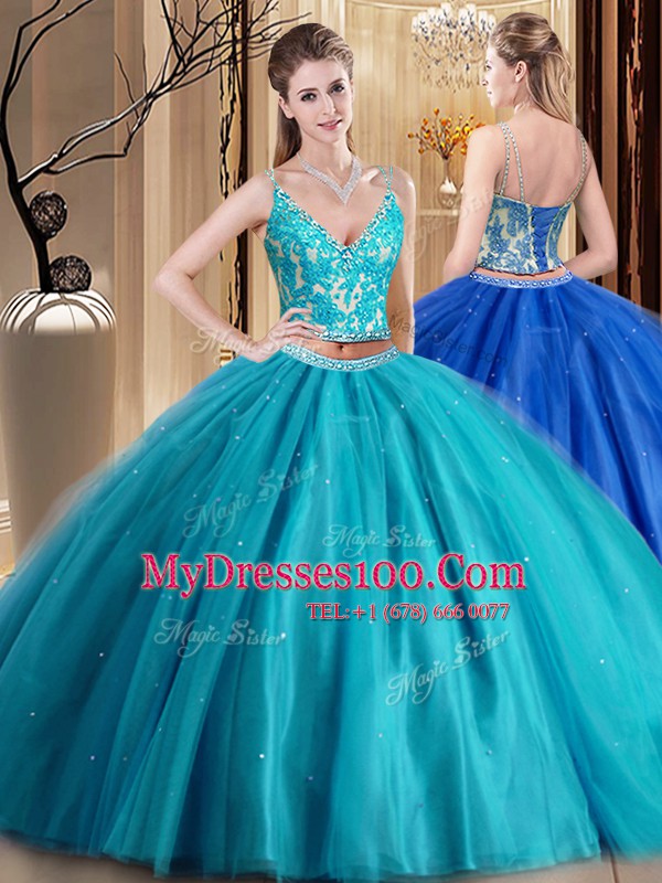Teal Two Pieces Tulle Spaghetti Straps Sleeveless Beading and Lace and Appliques Floor Length Lace Up Sweet 16 Quinceanera Dress