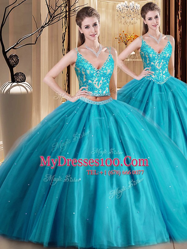 Spaghetti Straps Sleeveless Vestidos de Quinceanera Floor Length Beading and Lace and Appliques Teal Tulle