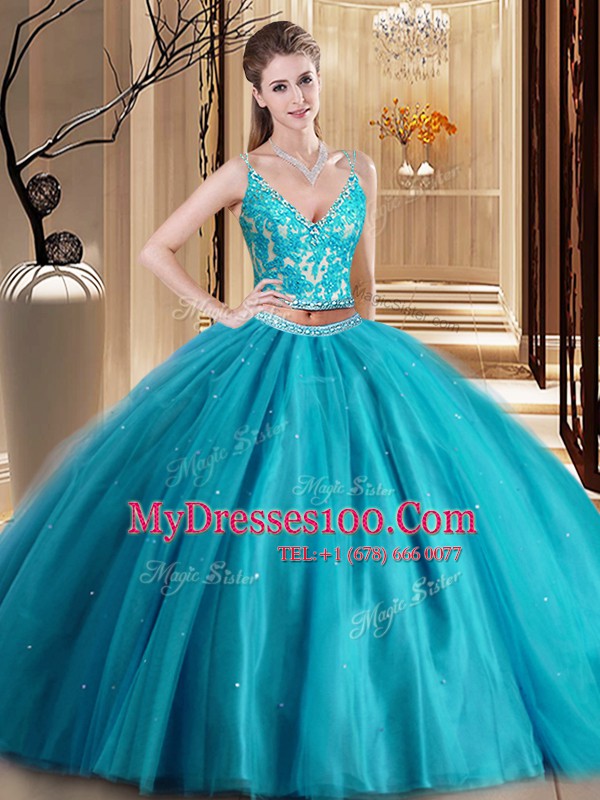 Spaghetti Straps Sleeveless Vestidos de Quinceanera Floor Length Beading and Lace and Appliques Teal Tulle