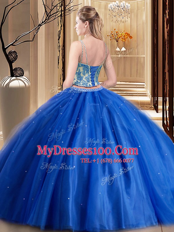 Spaghetti Straps Sleeveless Vestidos de Quinceanera Floor Length Beading and Lace and Appliques Teal Tulle