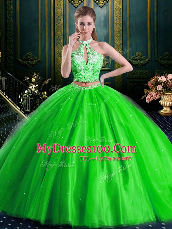 Exquisite Halter Top Tulle Lace Up Sweet 16 Quinceanera Dress Sleeveless Floor Length Beading and Lace and Appliques