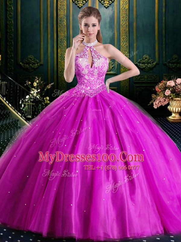 Halter Top Sleeveless Lace Up Floor Length Beading and Lace and Appliques Quinceanera Gown