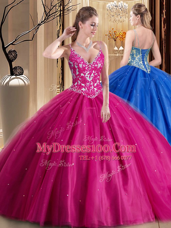 Floor Length Hot Pink Ball Gown Prom Dress Spaghetti Straps Sleeveless Lace Up
