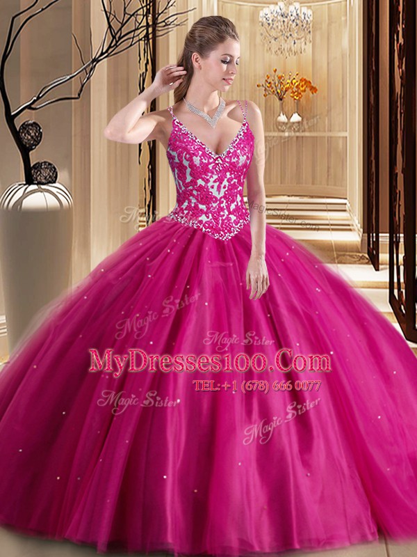 Floor Length Hot Pink Ball Gown Prom Dress Spaghetti Straps Sleeveless Lace Up
