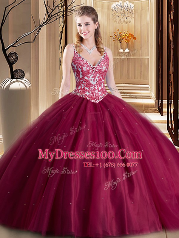 Customized Burgundy Ball Gowns Spaghetti Straps Sleeveless Tulle Floor Length Lace Up Beading and Lace and Appliques Quince Ball Gowns