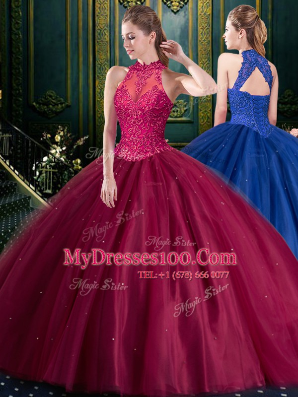 Flirting Burgundy Sleeveless Appliques Floor Length 15 Quinceanera Dress