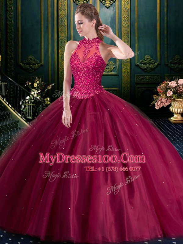 Flirting Burgundy Sleeveless Appliques Floor Length 15 Quinceanera Dress