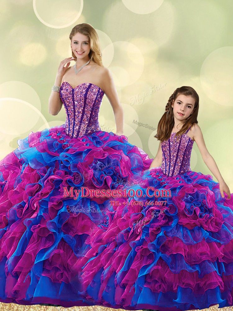 Custom Made Multi-color Ball Gowns Sweetheart Sleeveless Organza Floor Length Lace Up Beading and Ruffles Quinceanera Dress