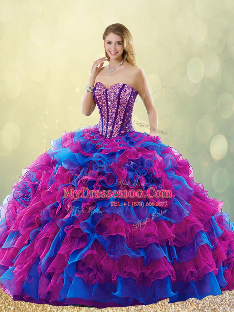 Custom Made Multi-color Ball Gowns Sweetheart Sleeveless Organza Floor Length Lace Up Beading and Ruffles Quinceanera Dress