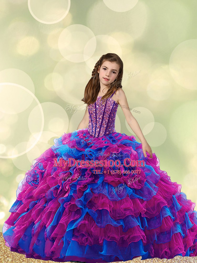 Custom Made Multi-color Ball Gowns Sweetheart Sleeveless Organza Floor Length Lace Up Beading and Ruffles Quinceanera Dress