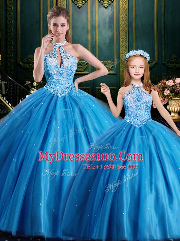 Halter Top Baby Blue Ball Gowns Tulle High-neck Sleeveless Beading and Appliques Floor Length Lace Up Ball Gown Prom Dress