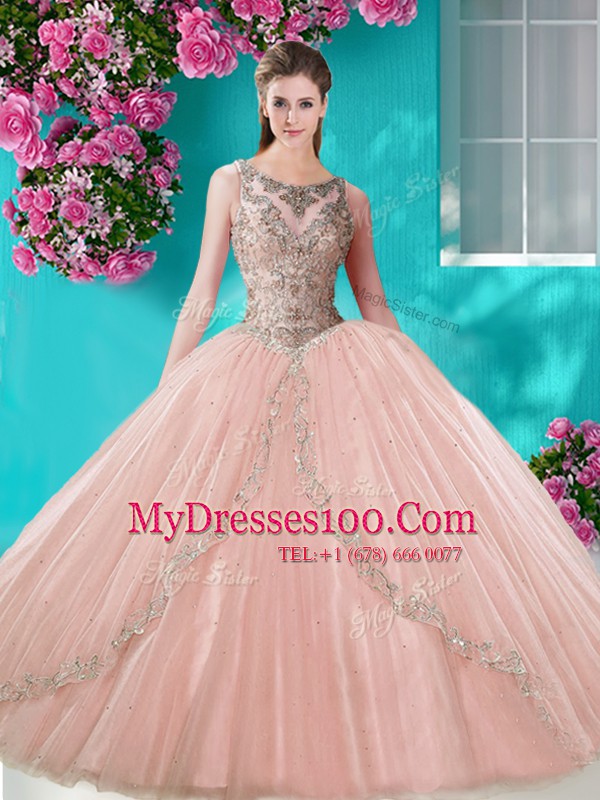 Four Piece Peach Quinceanera Dress Military Ball and Sweet 16 and Quinceanera and For with Beading and Appliques Scoop Sleeveless Lace Up