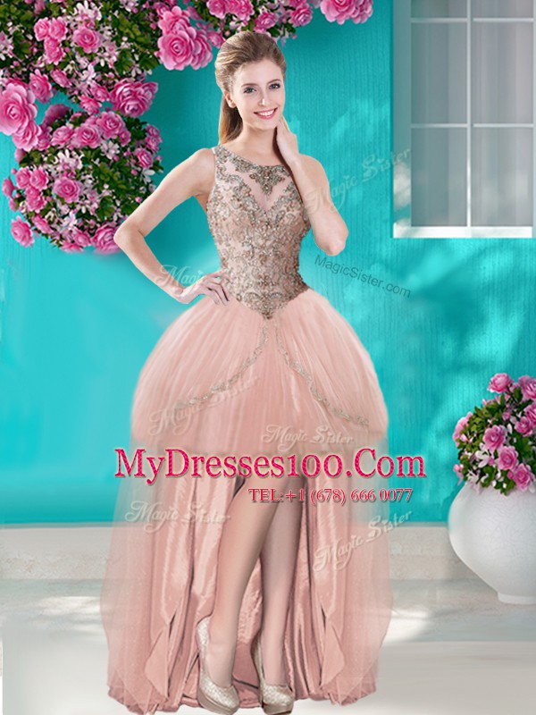 Four Piece Peach Quinceanera Dress Military Ball and Sweet 16 and Quinceanera and For with Beading and Appliques Scoop Sleeveless Lace Up