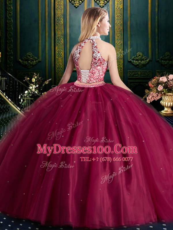 Popular Halter Top Baby Blue Tulle Lace Up High-neck Sleeveless Floor Length 15th Birthday Dress Beading and Lace and Appliques