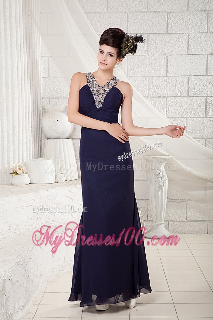 Beaded V-neck Long Prom Gown with Cutout Back