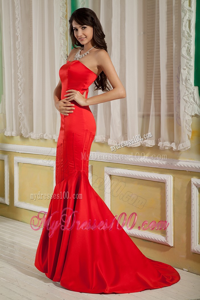 Red Mermaid Strapless Prom Dress with Brush Train