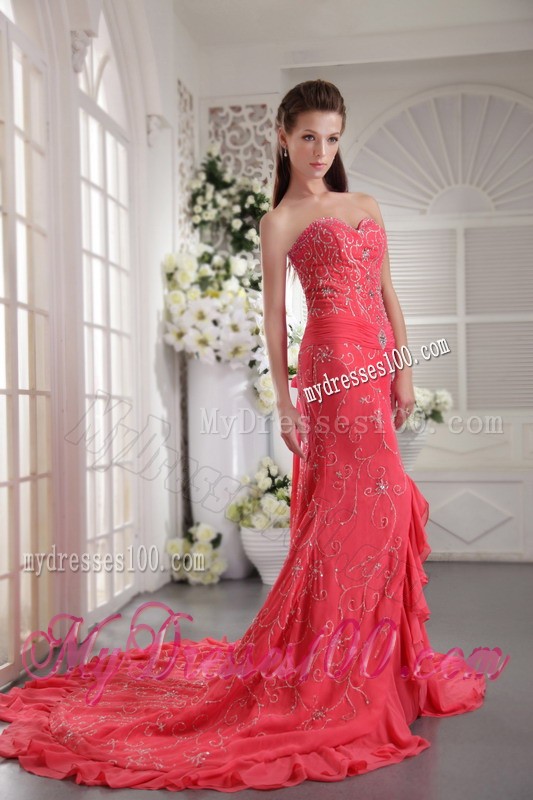 Hot Sale Appliques Court Train Lace-up Back Coral Red Prom Dress