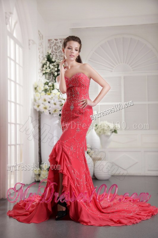 Hot Sale Appliques Court Train Lace-up Back Coral Red Prom Dress