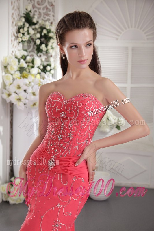 Hot Sale Appliques Court Train Lace-up Back Coral Red Prom Dress