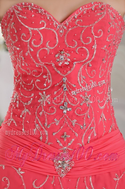 Hot Sale Appliques Court Train Lace-up Back Coral Red Prom Dress