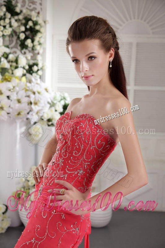 Hot Sale Appliques Court Train Lace-up Back Coral Red Prom Dress