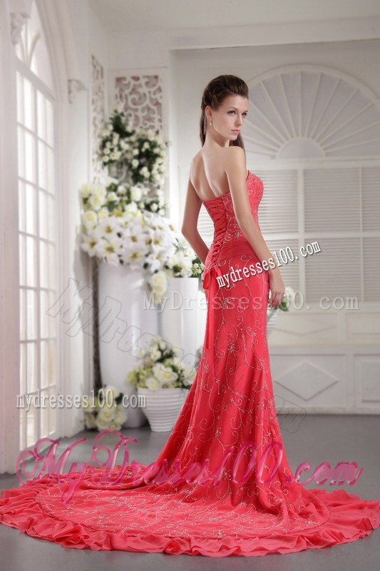 Hot Sale Appliques Court Train Lace-up Back Coral Red Prom Dress