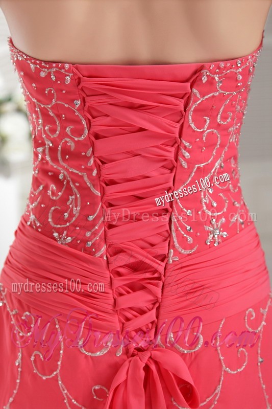 Hot Sale Appliques Court Train Lace-up Back Coral Red Prom Dress