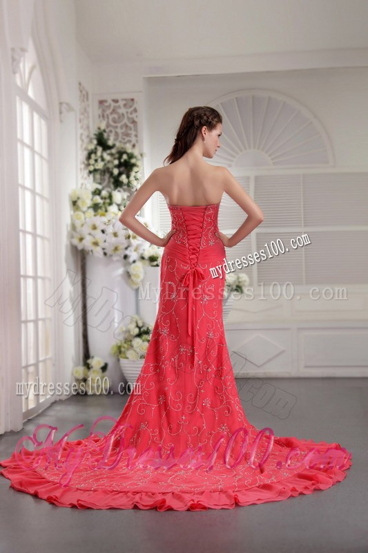 Hot Sale Appliques Court Train Lace-up Back Coral Red Prom Dress
