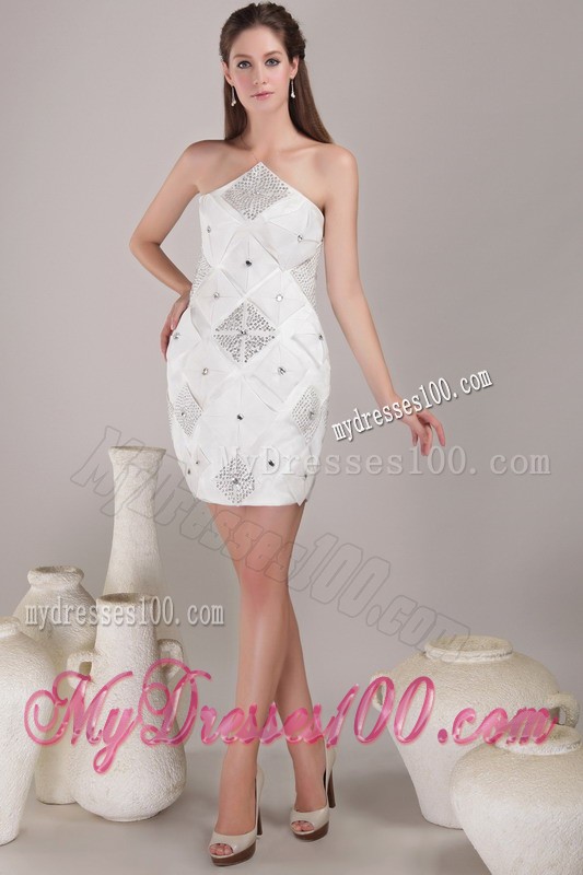 White Sheath Mini-length Beading Prom Gowns with Asymmetrical Neckline