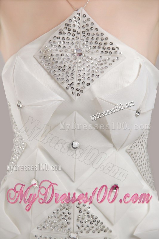 White Sheath Mini-length Beading Prom Gowns with Asymmetrical Neckline