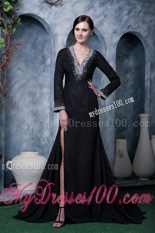 V-neck Beaded High Slit Prom Dress Long Sleeve with Cutout Back