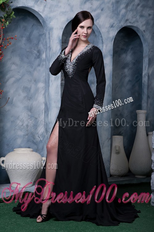 V-neck Beaded High Slit Prom Dress Long Sleeve with Cutout Back