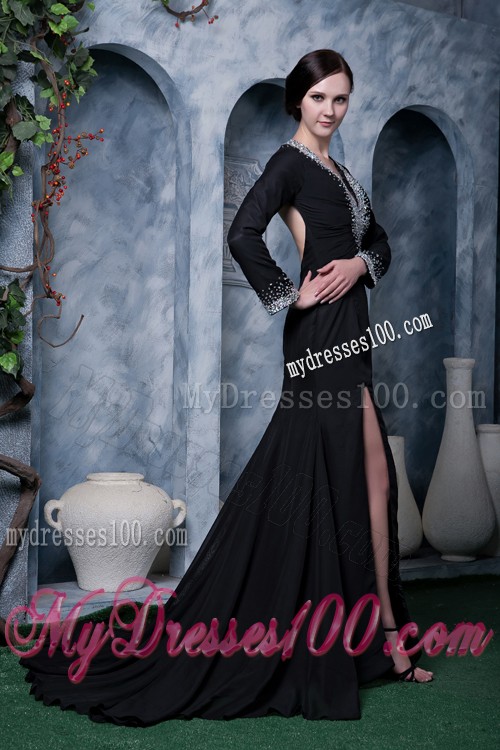 V-neck Beaded High Slit Prom Dress Long Sleeve with Cutout Back