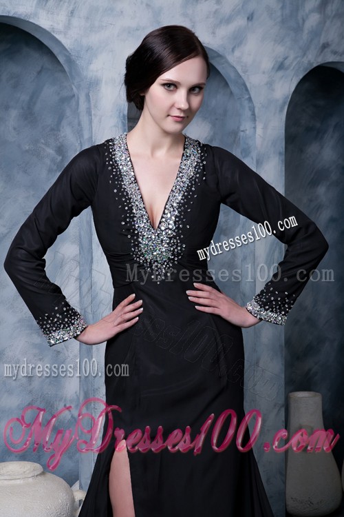 V-neck Beaded High Slit Prom Dress Long Sleeve with Cutout Back