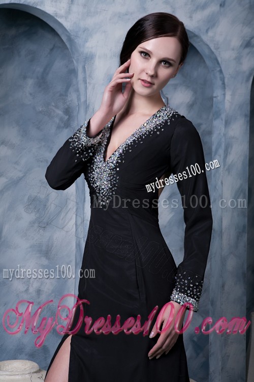 V-neck Beaded High Slit Prom Dress Long Sleeve with Cutout Back