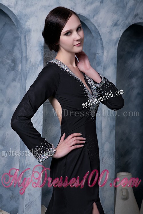 V-neck Beaded High Slit Prom Dress Long Sleeve with Cutout Back