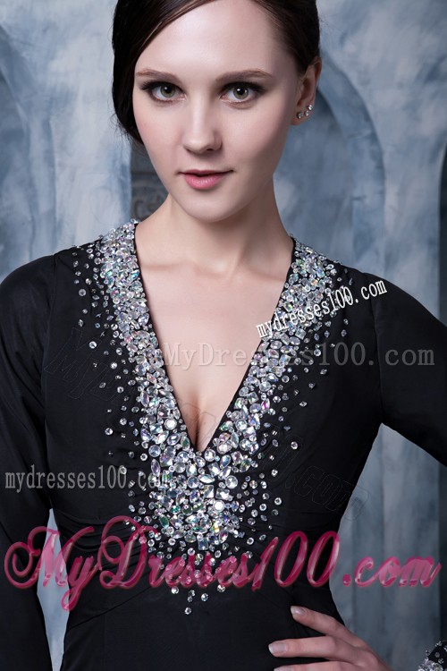 V-neck Beaded High Slit Prom Dress Long Sleeve with Cutout Back