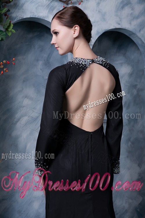 V-neck Beaded High Slit Prom Dress Long Sleeve with Cutout Back