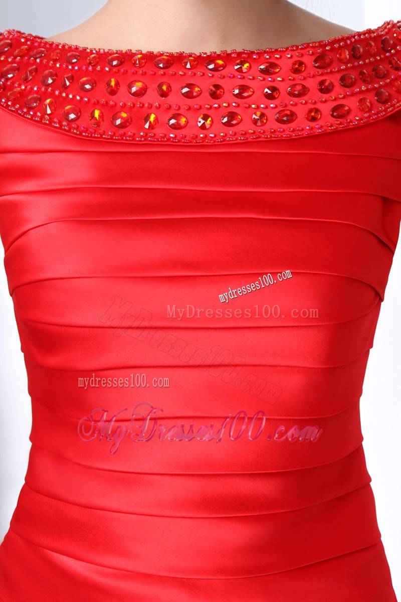 Diamonds and Ruching Decorated Prom Gown in Red with Bateau Neckline