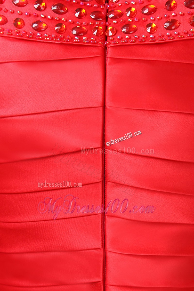 Diamonds and Ruching Decorated Prom Gown in Red with Bateau Neckline